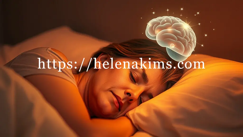 포근하고 아늑한 침대 위에서 평온하게 잠든 중년 여성의 모습, 머리맡에는 은은하게 빛나는 추상적인 뇌 형상이 떠오르고, 뇌 주변에서 맑고 깨끗한 에너지가 몸 전체로 퍼져나가는 듯한 빛의 흐름이 시각화한 이미지.