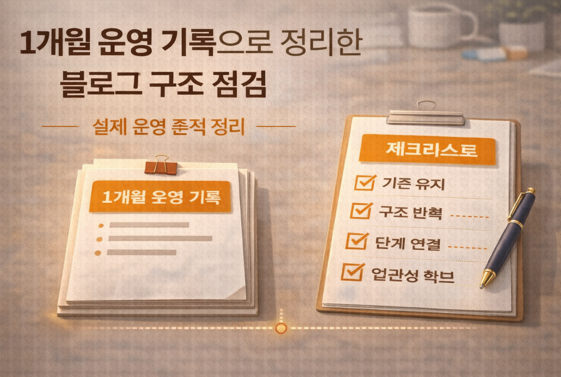 1개월 운영 기록과 점검표가 놓인 블로그 대표 이미지