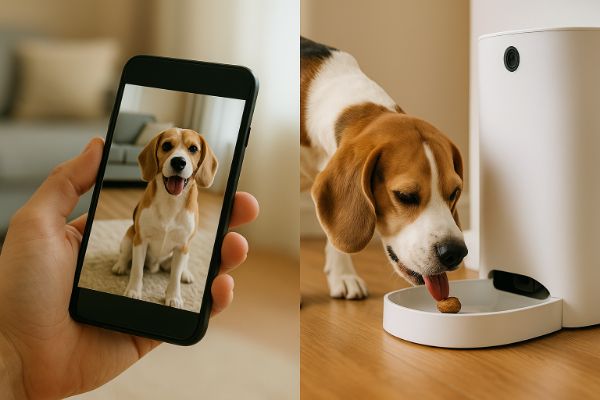 스마트폰 화면을 통해 집 안의 비글을 확인하며 원격으로 간식을 지급하는 모습을 표현한 이미지입니다. 멀리서도 최첨단 기술을 통해 강아지와 교감하고 보상하며 사랑을 전하는 콘셉트를 시각적으로 보여줍니다.