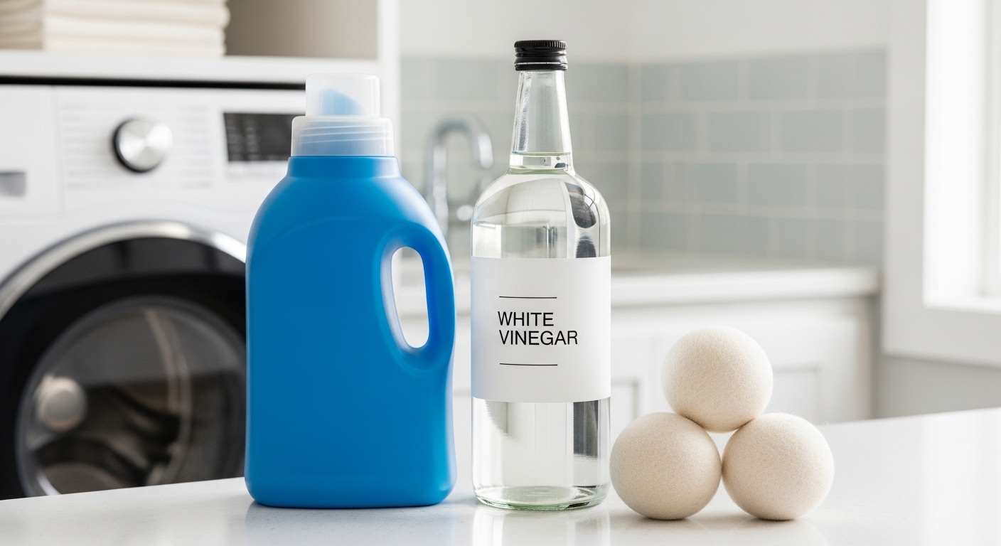 세탁 시 섬유 유연제와 드라이어 볼을 사용하는 이미지