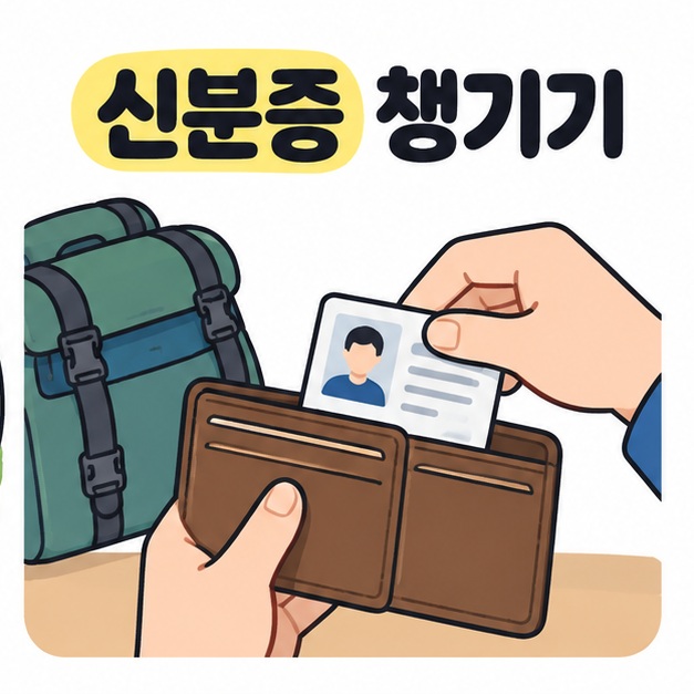 신분증 챙기기 문구 아래 캠핑 가방 옆에서 신분증을 지갑에 넣는 손을 그린 장면