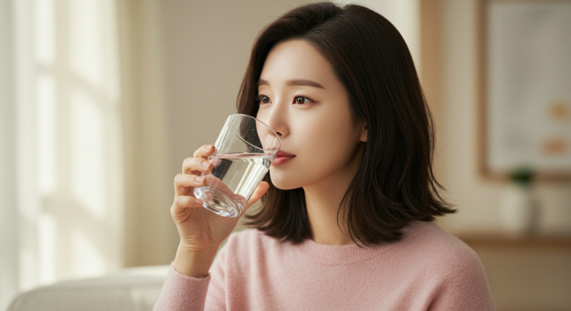 투명한 컵에 물을 마시는 한국 여성