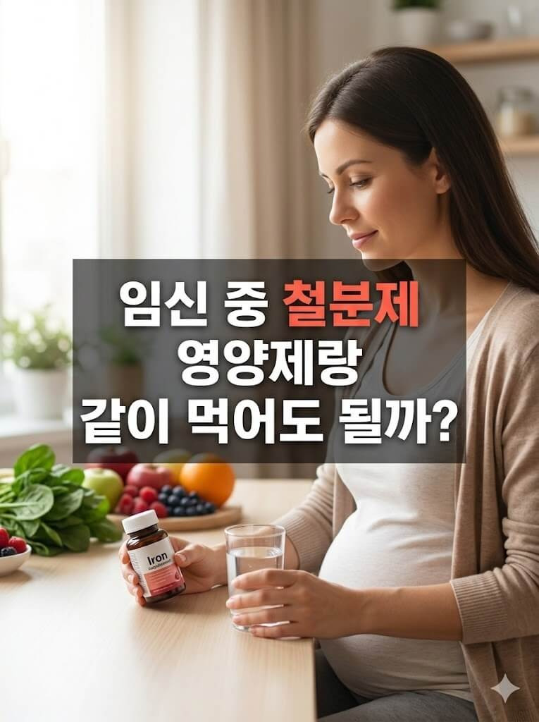 임신중인 여성이 철분제를 바라보고 있는 모습