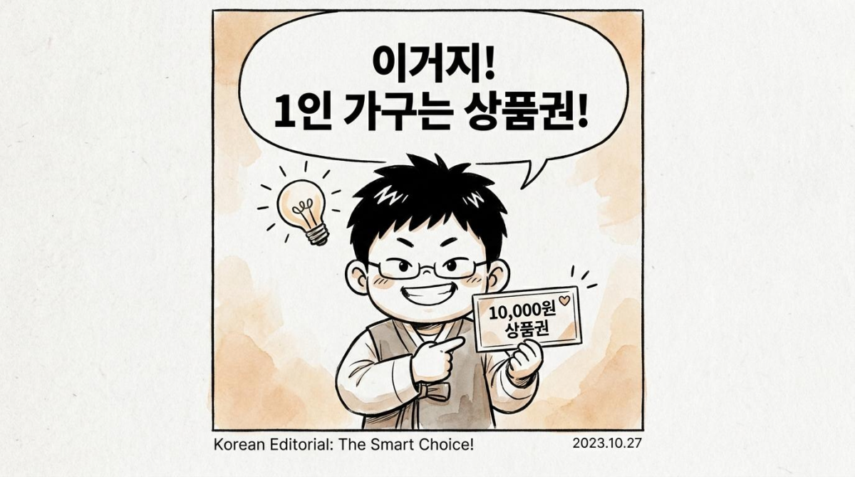 맞춤형 명절 선물 솔루션을 깨닫고 기뻐하는 한국 고전 만화 캐릭터