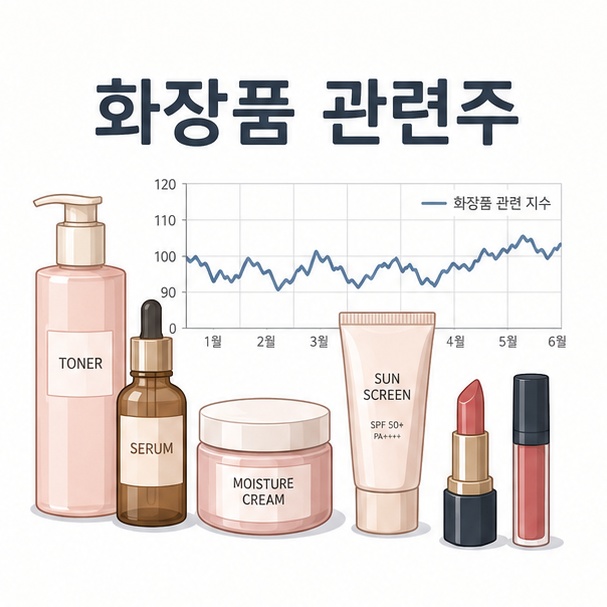 화장품과 주식 차트를 이용해 화장품 산업에 관련된 상장기업을 살펴보는 주제를 소개하는 그림