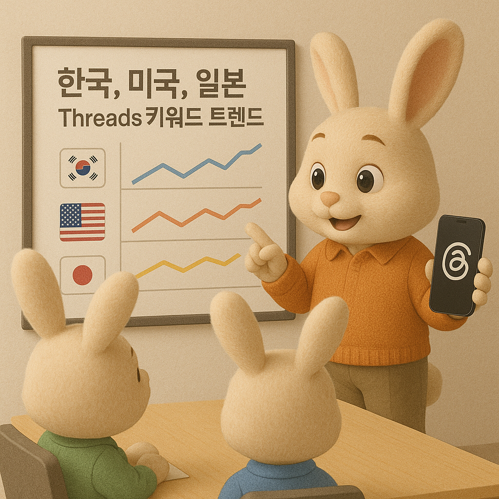 한국,일본,미국의 스레드 키워드를 분석하며 회의하는 토끼 캐릭터들