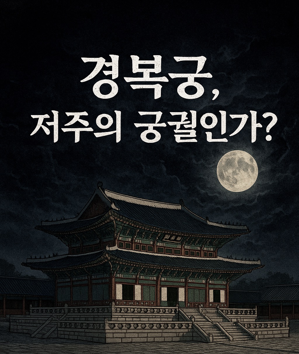 어두운 밤하늘에 보름달이 내려다보는 궁궐의 모습을 묘사한 그림