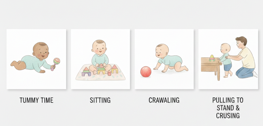 영유아기 대근육 발달 단게_상체 들기, 혼자 앉기, 기어가기, 잡고 서기