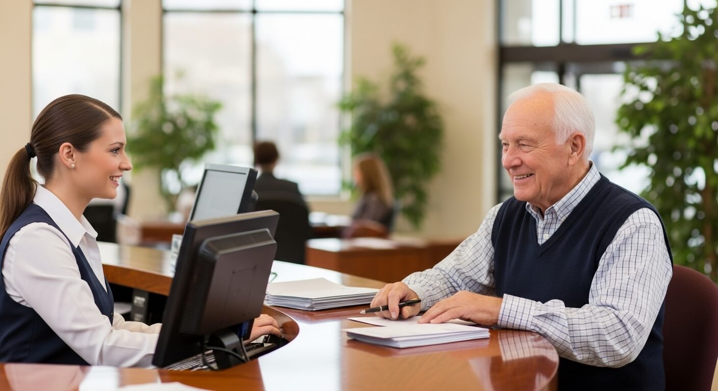 고령 남성이 은행 창구에서 직원과 상담하는 장면