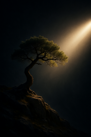 어둠 속에서 한 줄기 빛을 향해 뻗어 나가는 강인한 나무의 모습