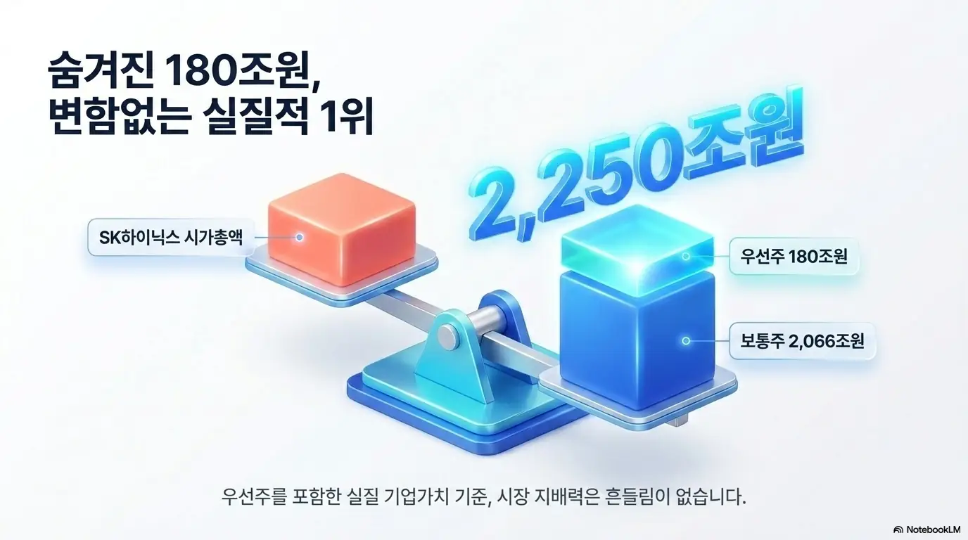 삼성전자 주가 전망: 삼성전자 보통주 2&amp;#44;066조원에 우선주 180조원을 더한 실질 기업가치 약 2&amp;#44;250조원이 SK하이닉스 시가총액을 앞선다는 점을 저울로 표현한 이미지. 보통주 기준 시총 1위를 내줬어도 우선주를 포함한 시장 지배력은 변함없다는 것을 시각적으로 전달하며&amp;#44; 삼성전자 주가 전망과 실질 1위 주제를 설명함 