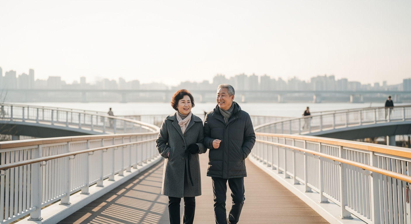 현대적인 아파트 단지와 대형 녹지 공원을 연결하는 조경된 보행자 다리 위를 편안하게 걷고 있는 60대 액티브 시니어 한국 부부의 사실적인 라이프스타일 샷. 부드러운 아침 햇살, 행복한 표정, 캐주얼하지만 세련된 겨울 코트 착용. 멀리 보이는 한강 뷰.