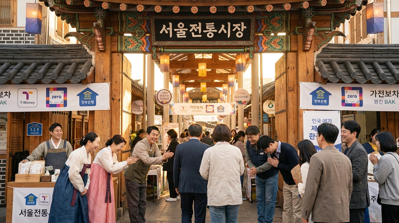 민생지원금 사용이 가능한 활기찬 한국 전통 시장의 모습