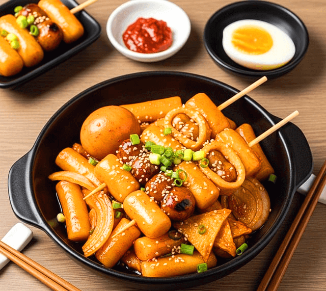 고동색 냄비에 떡고치와 떡볶이가 들어있다. 주변에도 떡꼬치가 있는 네모난 접시가 있다.