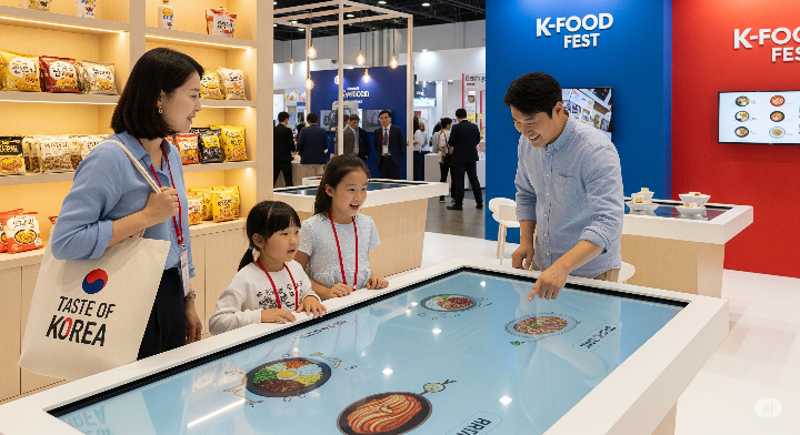 화려한 K-푸드 전시 부스를 둘러보는 가족