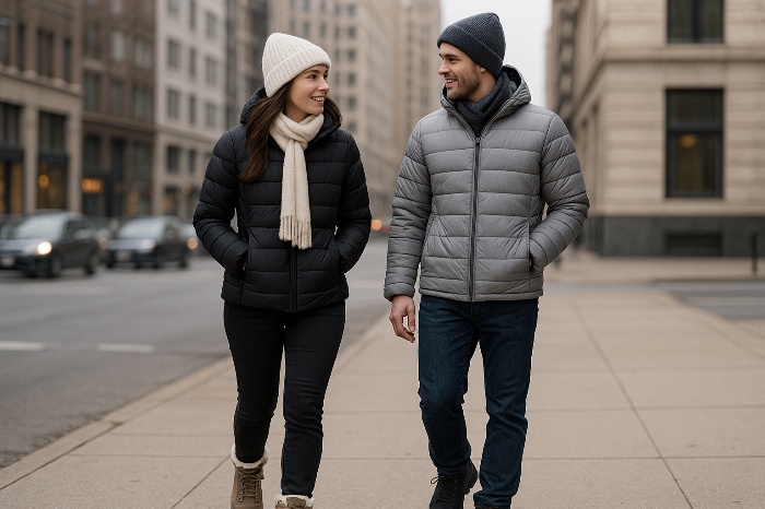 경량 패딩 중심으로 꾸민 커플의 겨울 데일리 패션 이미지