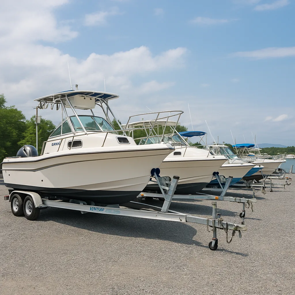 트레일러에 실린 다양한 낚시 보트들이 줄지어 있는 모습