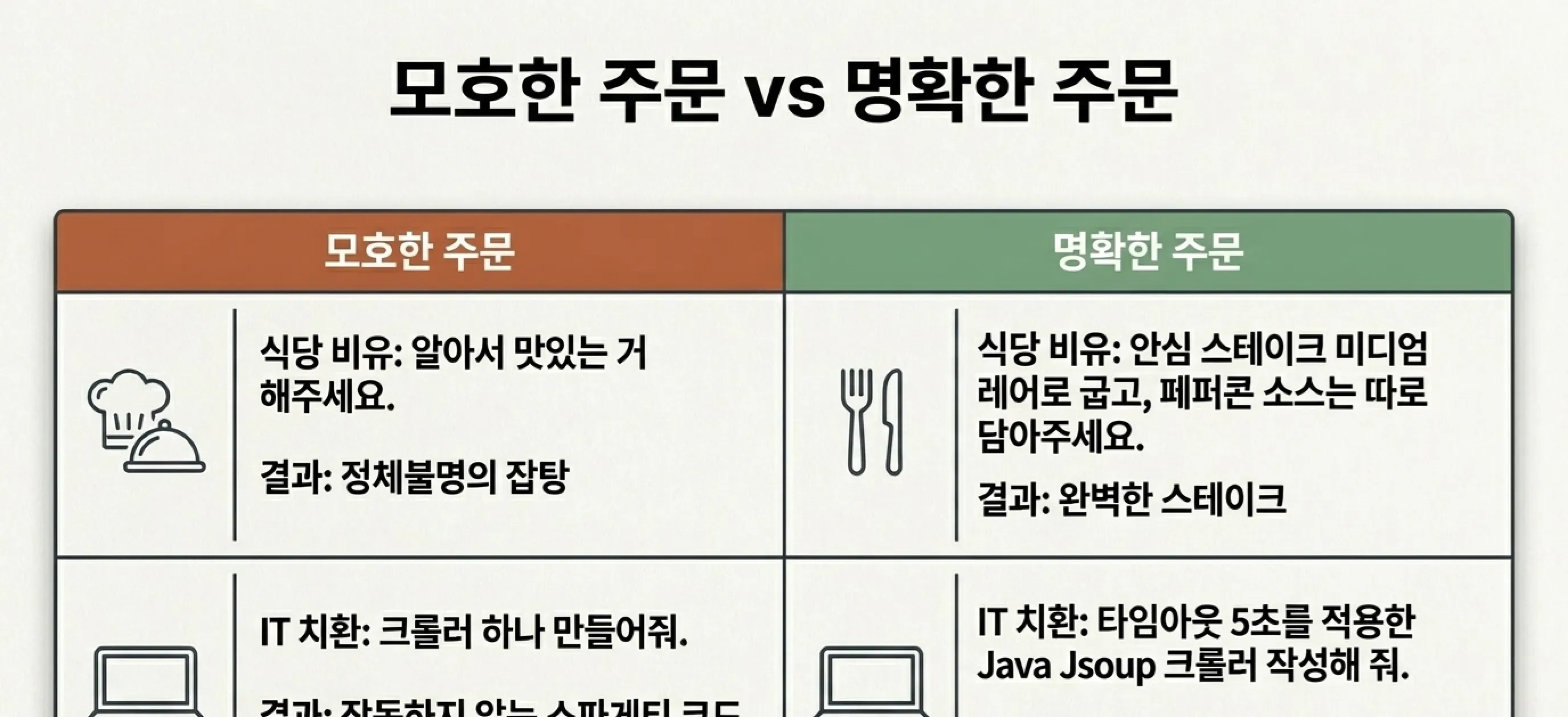 바이브 코딩 프롬프트 작성법 AI에게 첫 주문 넣기 모호한 주문 명확한 주문