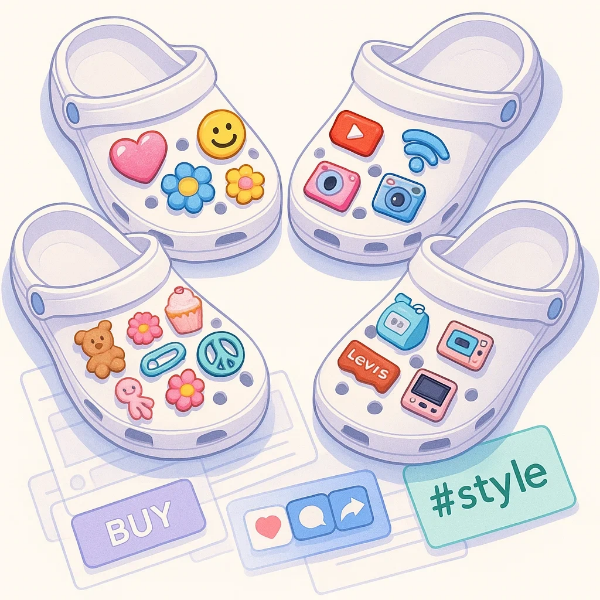 하얀 크록스 신발 위에 하트, 이모지, 미디어 앱, 브랜드 로고, 귀여운 캐릭터 등 다양한 디지털 스타일 아이콘이 장식된 맞춤형 소비 트렌드를 보여주는 일러스트