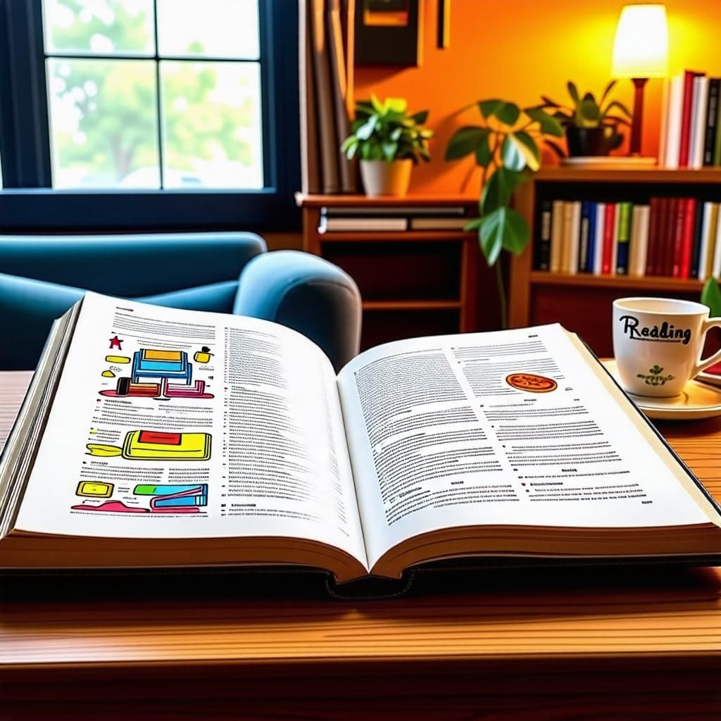 독서 가이드북: 독서 가이드북의 표지와 내용을 보여주는 이미지, 책을 펼쳐 놓고 있는 모습.