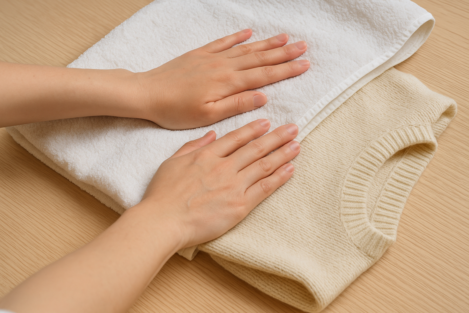 수건으로 니트의 물기를 눌러 제거하는 타월 프레싱 과정