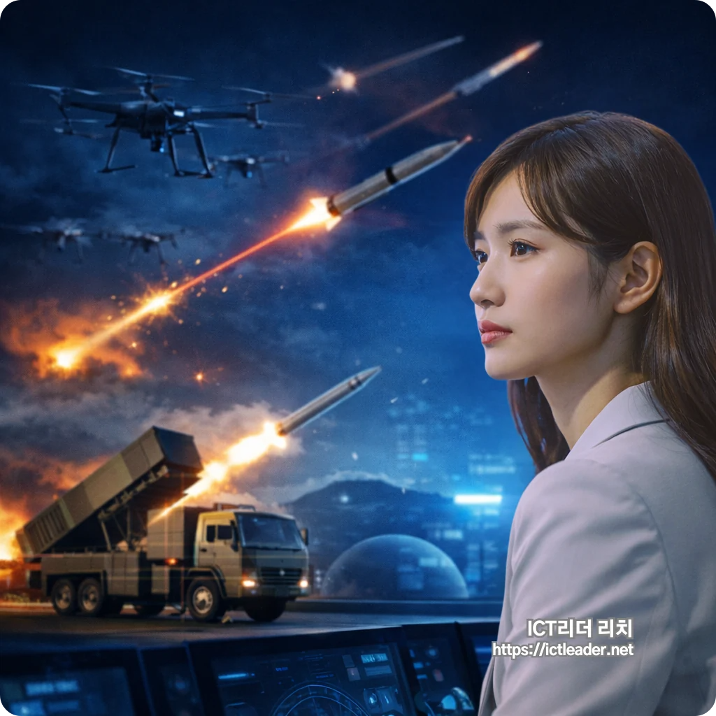 야간 전장에서 드론과 미사일이 날아오고 전경에는 한국형 요격 시스템이 배치된 가운데, 20대 한국인 여성이 진지한 표정으로 상황을 주시하는 프리미엄 실사형 대표 썸네일 이미지