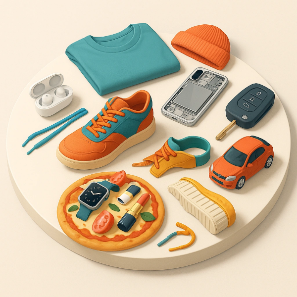 공중에 떠 있는 원형 테이블 위에 피자, 운동화, 전자기기, 의류, 자동차 키트 등 다양한 소비재가 커스터마이징된 형태로 배열된 현대적인 디지털 팝아트풍 이미지