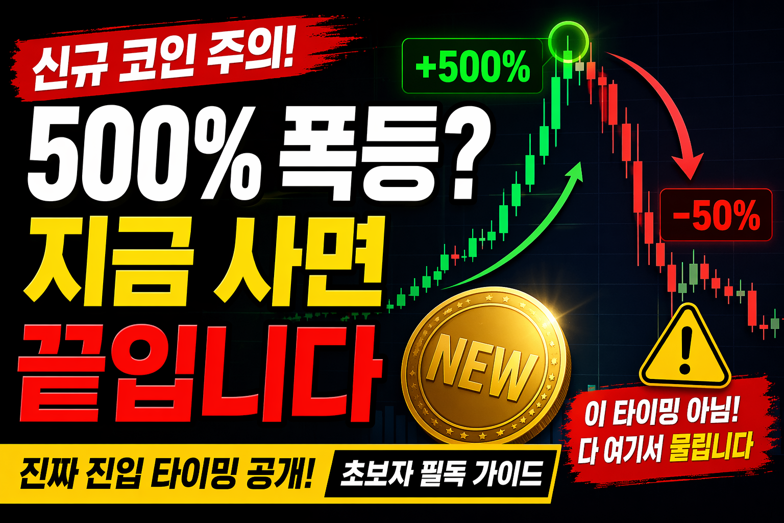 신규 상장 코인 500% 폭등 후 -50% 급락 차트, 초보 투자자가 가장 많이 물리는 진입 타이밍 경고 이미지