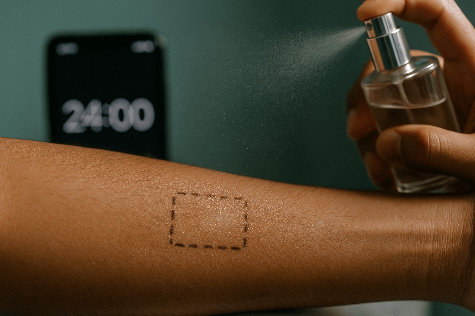청록색 배경 속 팔 안쪽에 작은 향수 분사 지점, 우측 상단에 ‘24h’ 타이머 아이콘이 있는 깔끔한 벡터 일러스트