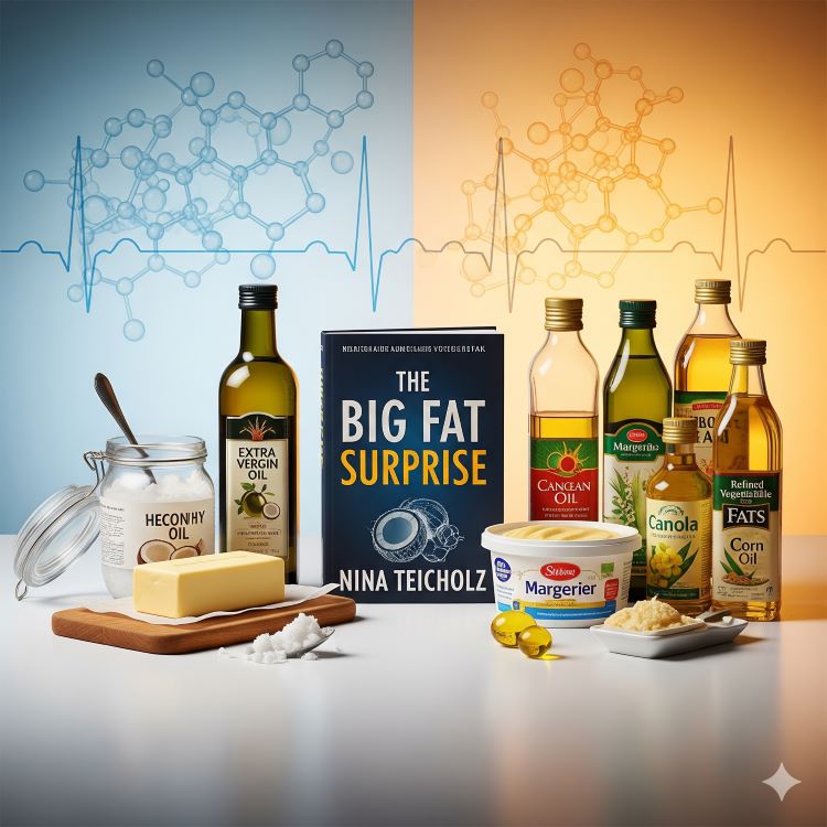 한쪽에는 버터, 코코넛오일, 올리브오일 등 자연 상태의 건강한 지방들이 정갈하게 배치되어 있고, 다른 한쪽에는 마가린, 정제 식물성 기름병들이 대비되어 놓여있는 모습. 가운데에는 니나 타이숄스의 '지방의 역설' 책이 놓여있고, 배경에는 심장 건강을 상징하는 심전도 그래프와 콜레스테롤 분자 구조도가 은은하게 보인다. 전체적으로 과학적이면서도 따뜻한 조명으로 진실을 추구하는 분위기를 연출한 이미지