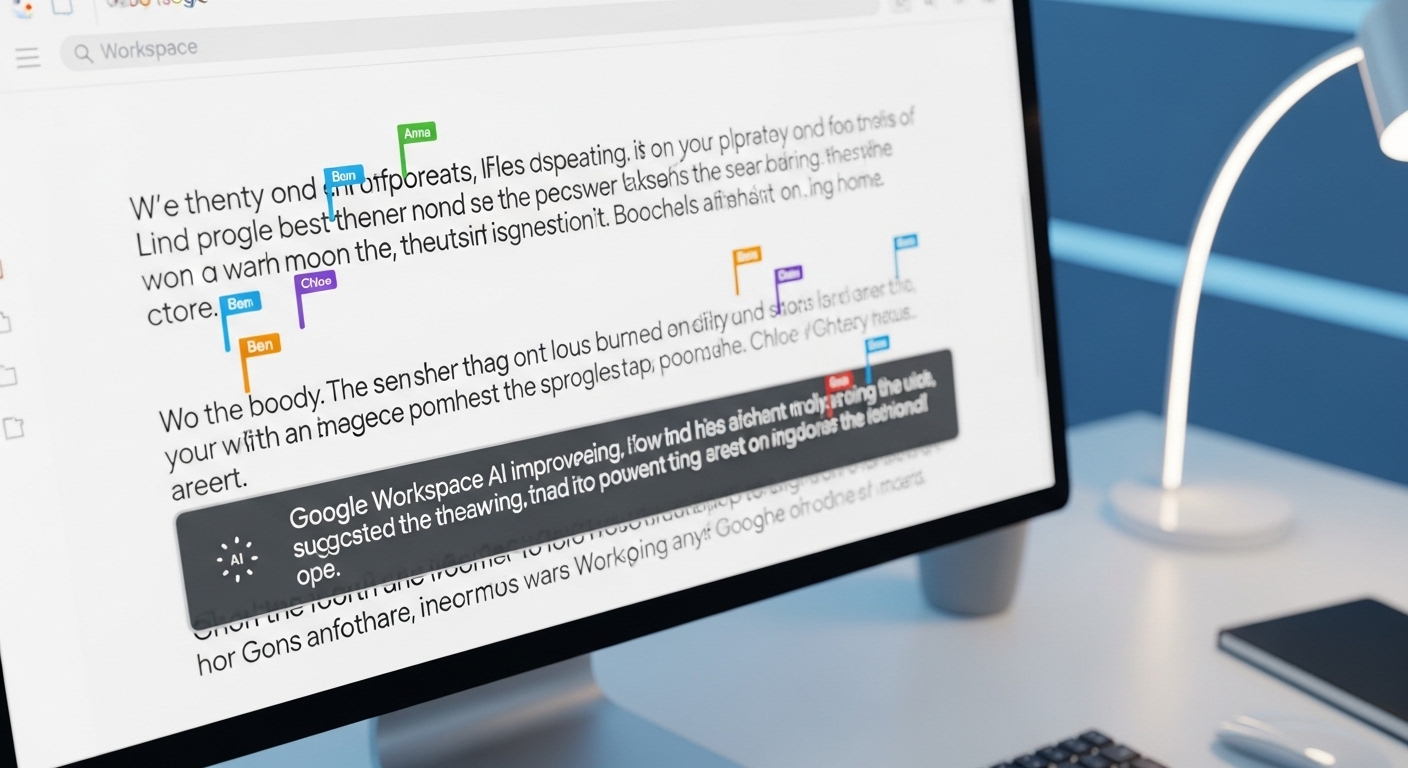 Google Docs에서 AI가 문서 작성 제안을 하고 여러 사용자가 실시간으로 협업하는 모습. 똑똑한 글쓰기를 돕는 구글 워크스페이스 AI.