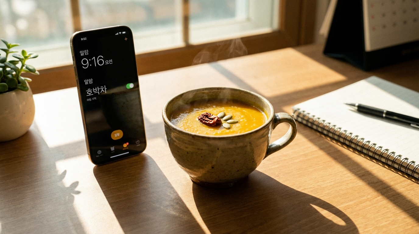 기상 직후 붓기 제거에 탁월한 따뜻한 늙은 호박차가 놓여 있는 모습