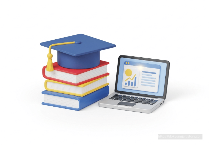졸업모와 노트북, 책이 함께 있는 직업훈련 교육 지원을 나타내는 3D 아이콘