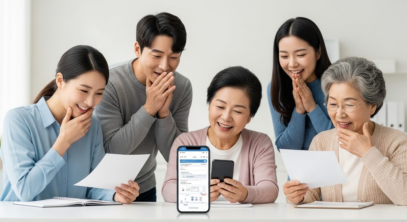 다양한 연령대의 한국인들이 근로장려금 관련 서류나 스마트폰을 보며 환하게 웃고 있는 모습