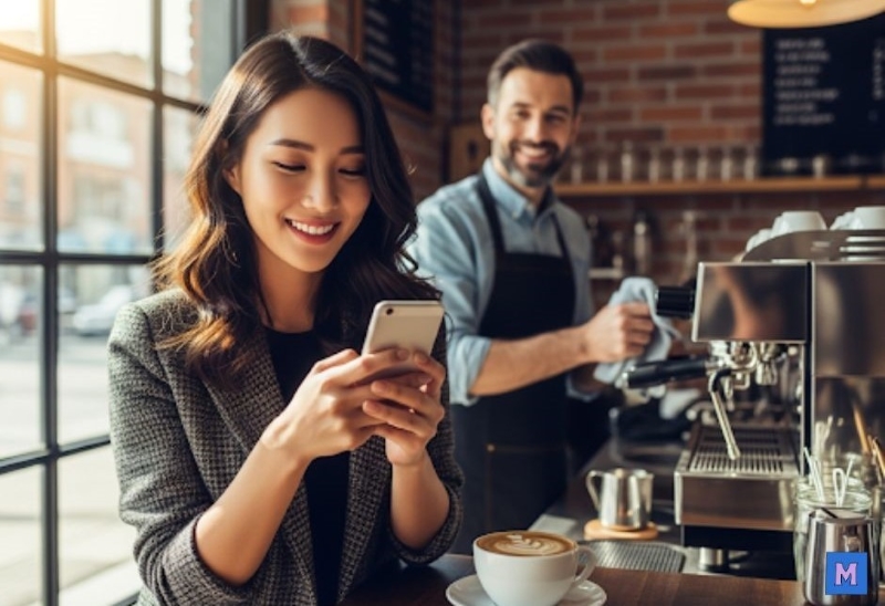카페 사업자가 스마트폰으로 정책자금 승인 결과를 확인하며 기뻐하는 모습, 배경에 바리스타가 일하고 있음 via canva