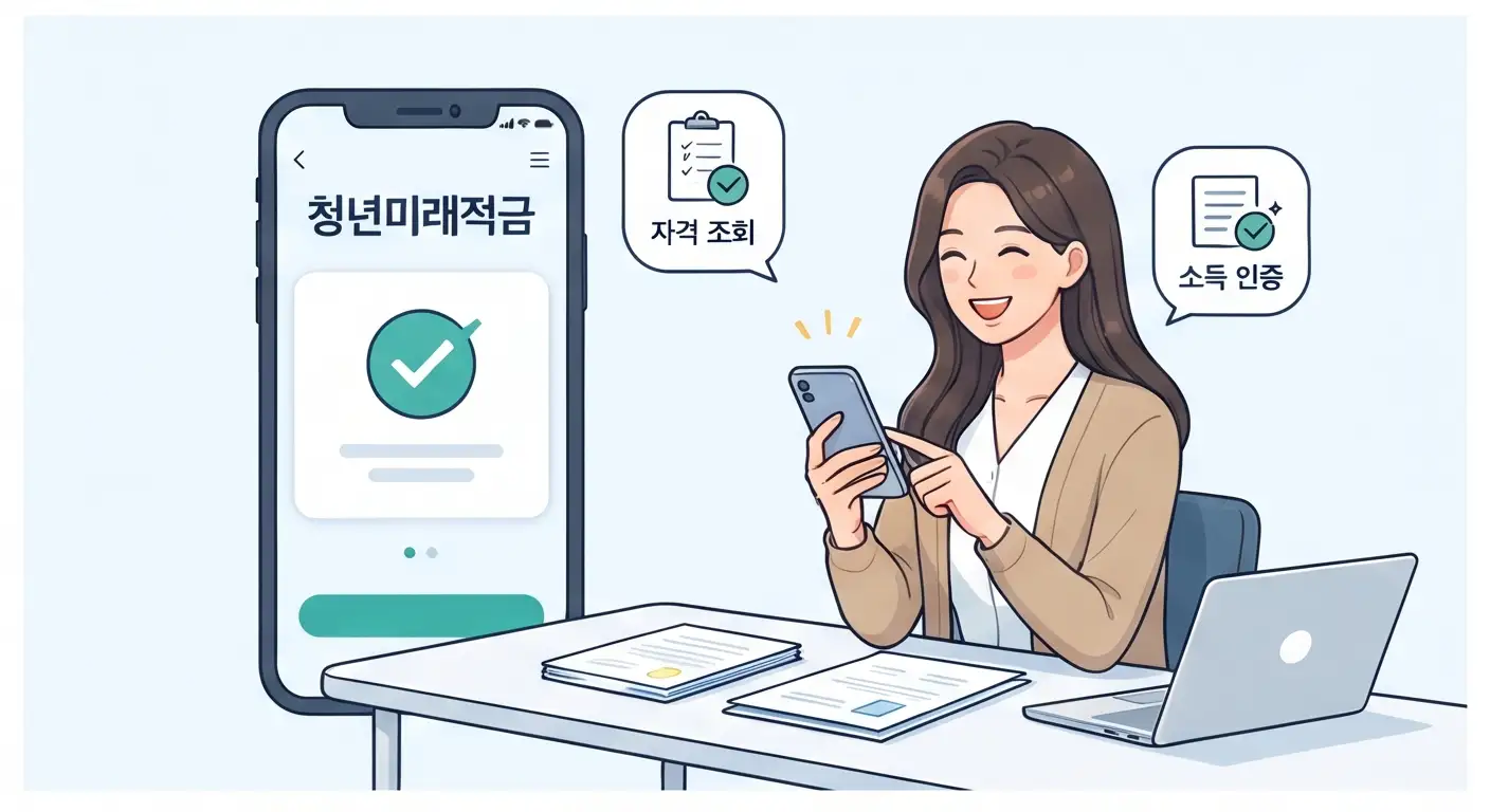 스마트폰 앱으로 청년미래적금 자격 조회 및 소득 인증을 진행하며 미소 짓는 여성