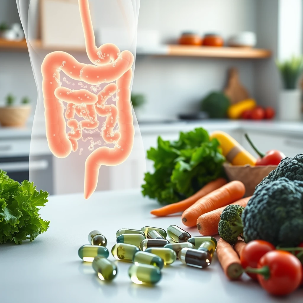 유산균캡슐과 과일이 올려져 있는 테이블 옆의 사람 창자 이미지