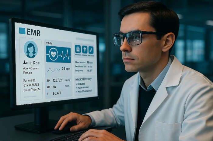 의사가 현대적인 병원에서 EMR 시스템을 활용하는 모습