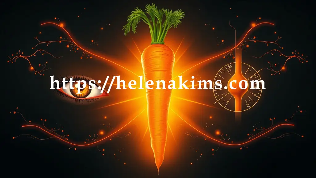 당근에서 뻗어 나온 주황빛 에너지 흐름이 한쪽으로는 선명하게 빛나는 건강한 눈을, 다른 한쪽으로는 매끄럽고 깨끗한 혈관의 단면을 표현한 이미지.