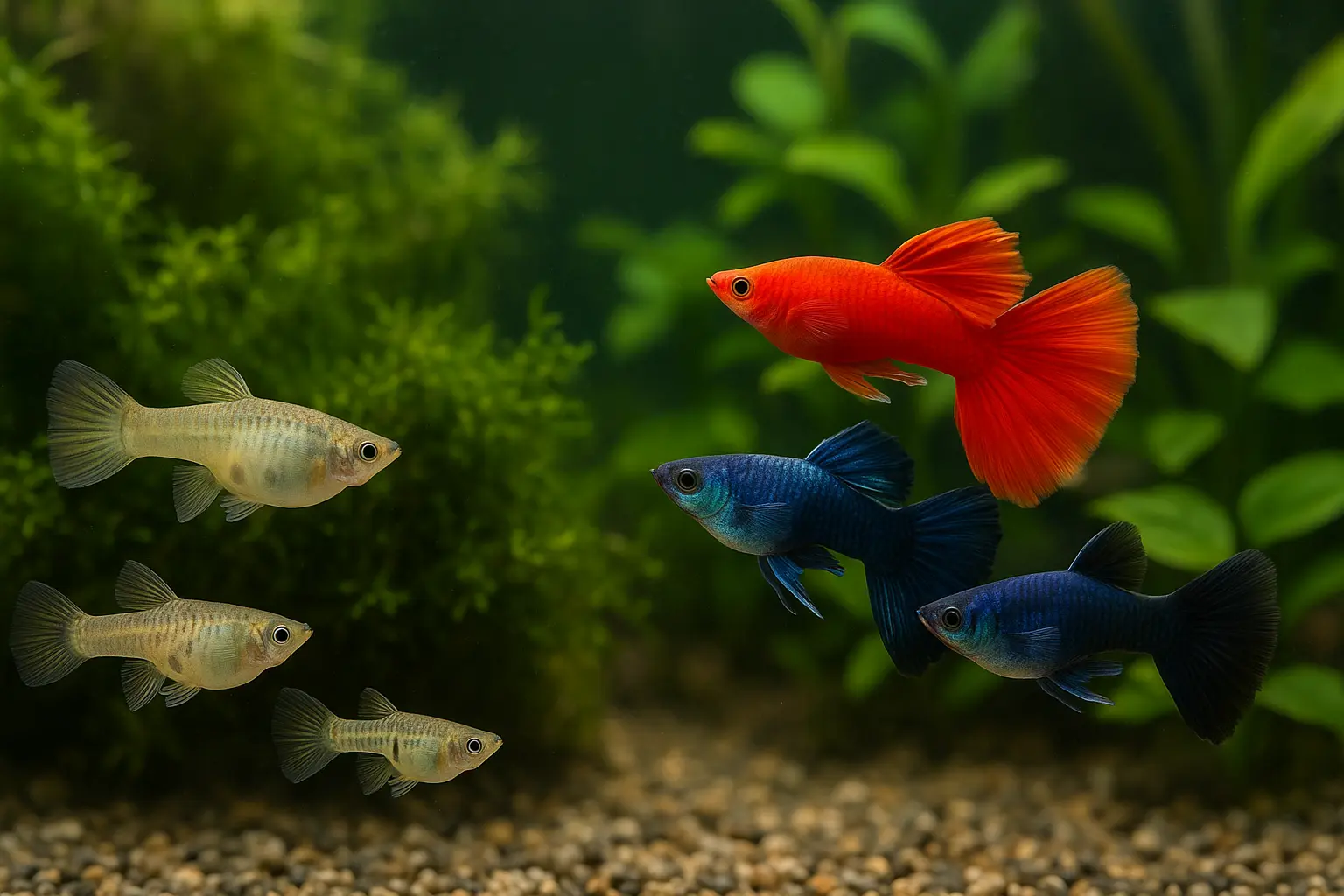 일반 구피와 고급 구피의 차이를 보여주는 수족관 사진. 왼쪽에는 색이 단순한 일반 구피, 오른쪽에는 꼬리와 색상이 화려한 고급 구피가 유영하며 수초가 심어진 맑은 어항 속에 함께 있는 모습.