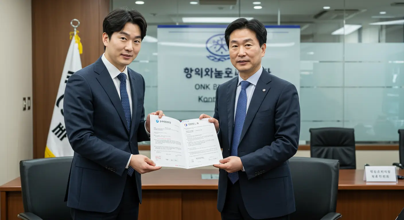 은행 기업금융부에서 자신의 주택매매사업계획서를 발표하는 한국인 사업가