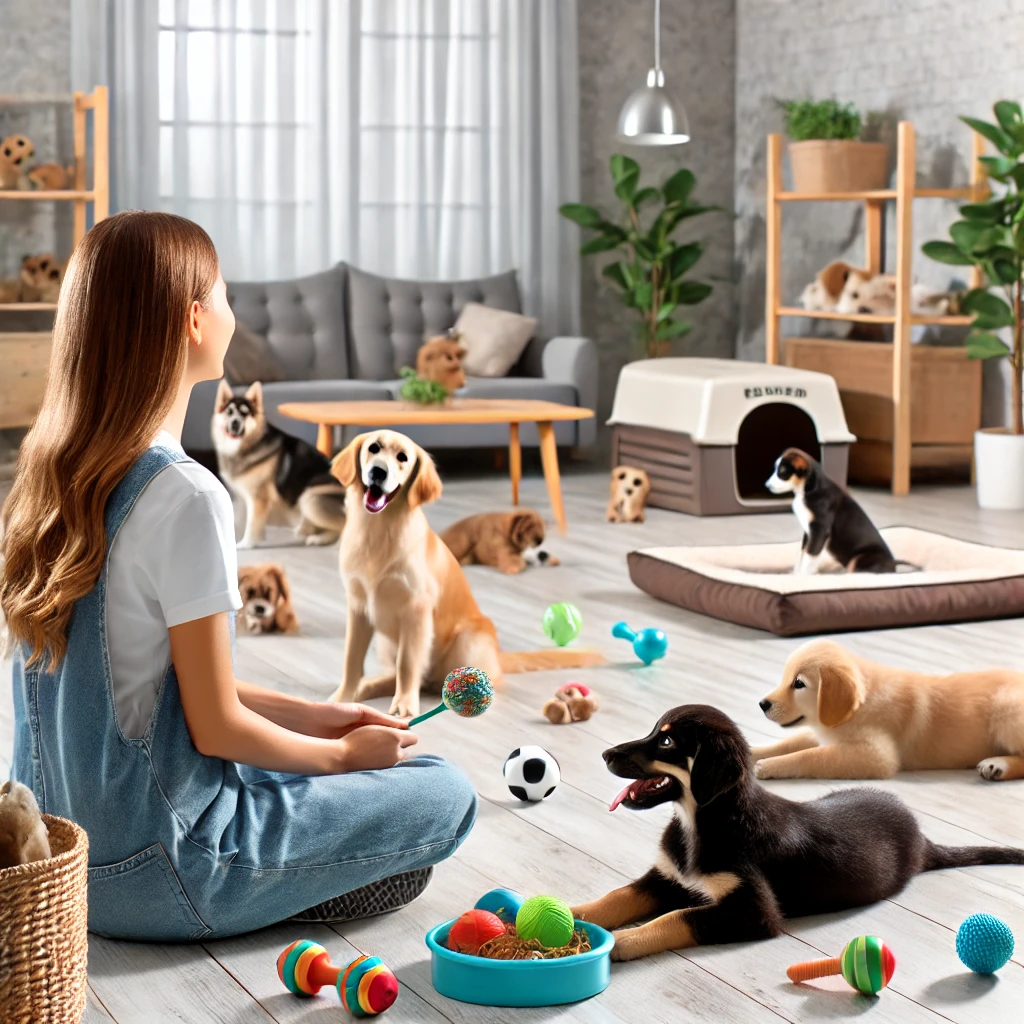 펫시터 & 반려동물 사업
반려동물 돌봄 시설에서 여러 마리의 강아지와 함께하는 펫시터,개들이 장난감과 함께 놀고 있으며,깨끗하고 편안한 환경이 조성되어 있음.