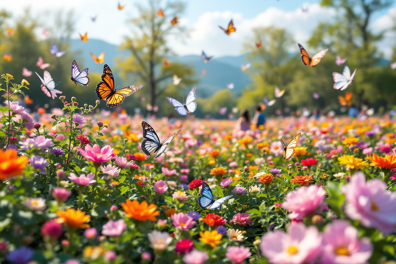 꽃밭에 나비가 날아 다니는 모습