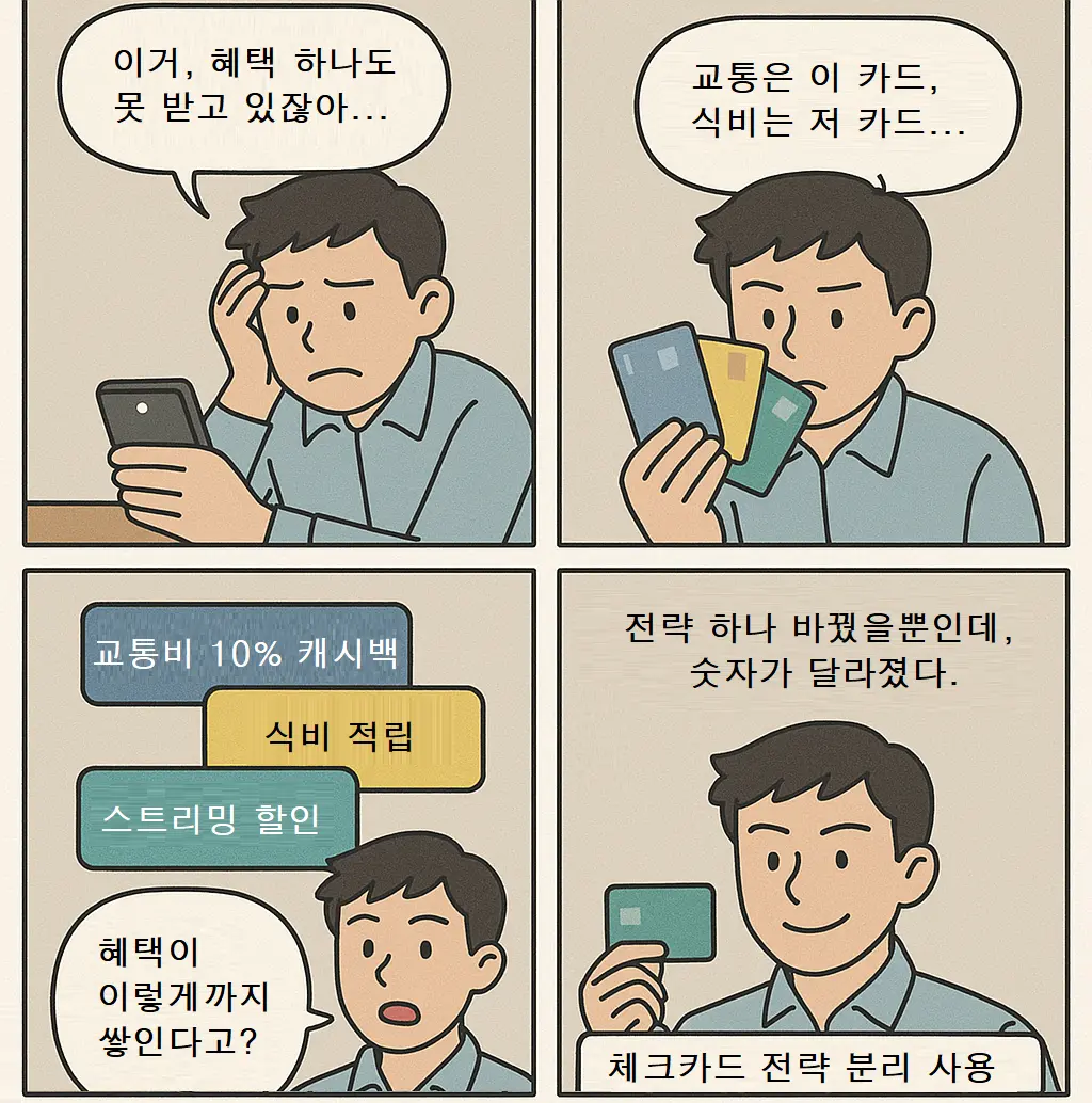 가계부 없이도 체크카드만으로 소비 패턴을 정리하고 분석하는 모습을 담은 소비 전략 웹툰
