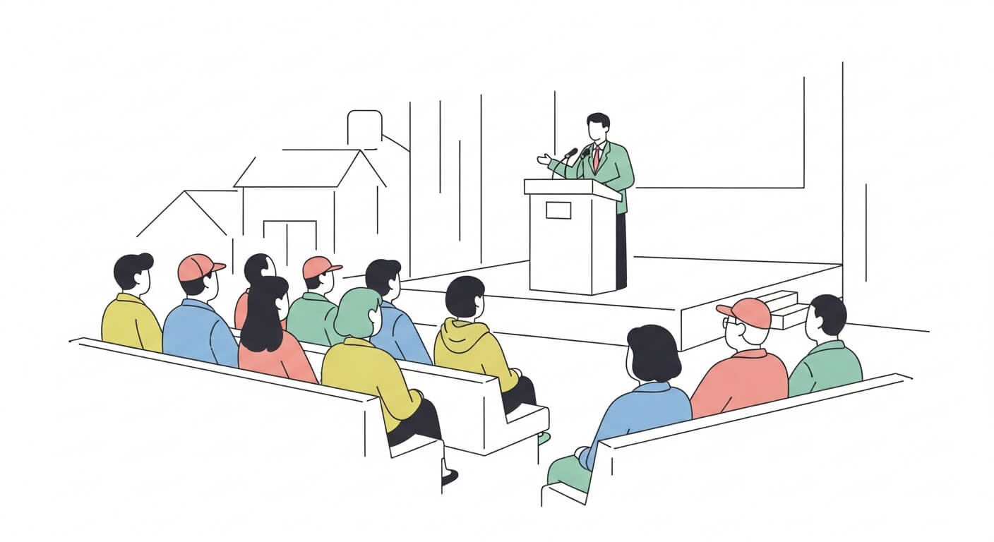 농촌 회의실에서 공무원이 주민들에게 새 정책을 설명하는 장면. 2