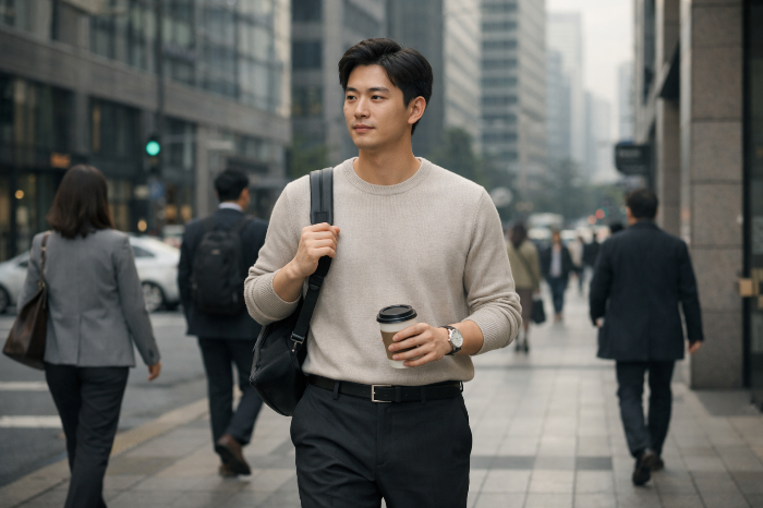 도시 환경 속 실패 없는 출근룩을 착용한 직장인 스타일