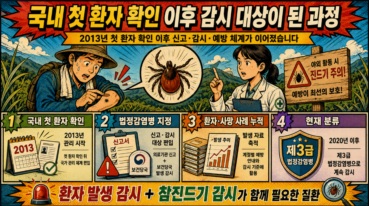 국내 SFTS 첫 환자 확인 이후 법정감염병 지정, 환자 발생 누적, 제3급 분류까지의 감시 대상 편입 과정을 정리한 옛날 만화 형식 인포그래픽