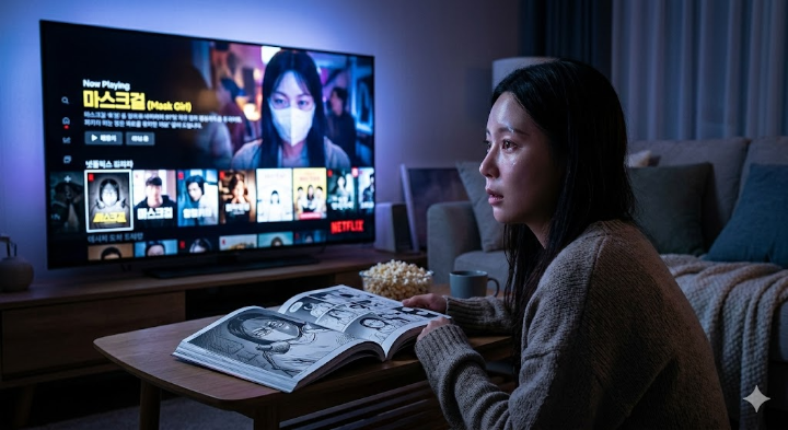 어두운 방 안, 넷플릭스 화면에서 뿜어져 나오는 빛이 시청자의 몰입한 얼굴을 비추고, 테이블 위에는 원작 웹툰 단행본이 펼쳐져 있는 연출 컷