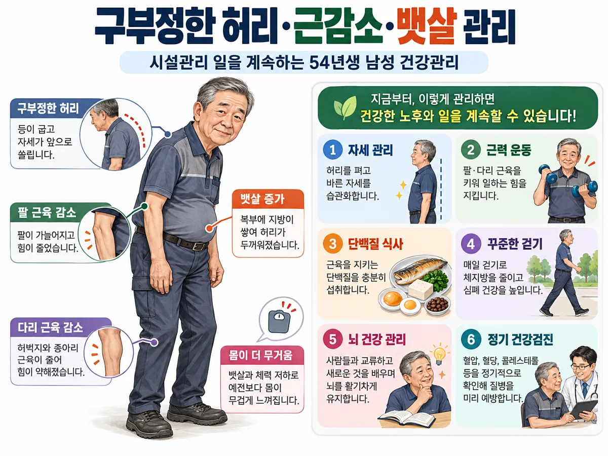 굽은 허리와 가늘어진 팔다리, 나온 배를 가진 70대 시설관리 남성의 건강관리 항목 그림