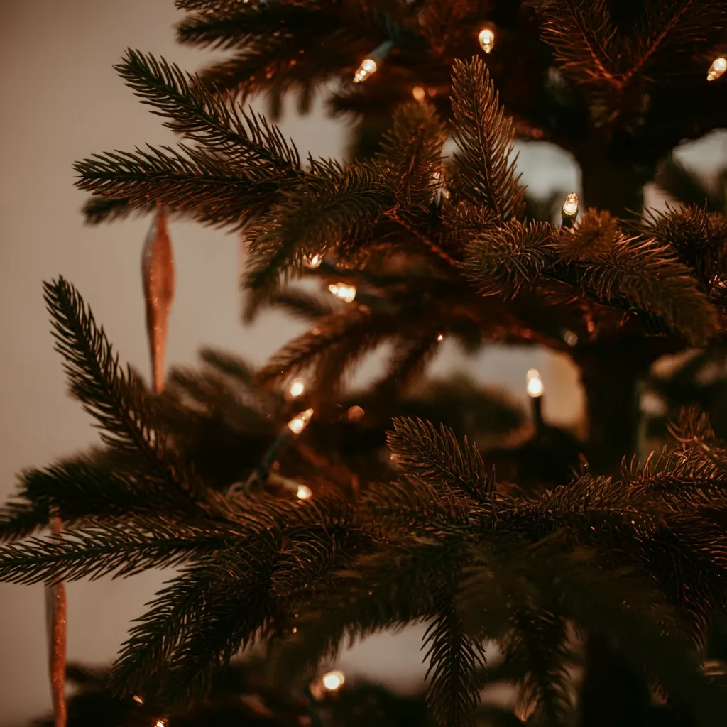 부드러운 조명 아래 크리스마스 트리 가지 디테일&amp;#44; 장식 없이 자연스러운 분위기가 강조된 모습